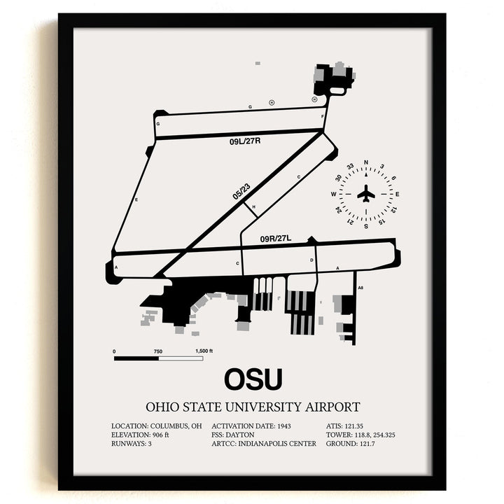 Framed Detailed Airport Map of Ohio State University Airport (OSU) in White with a Black Frame