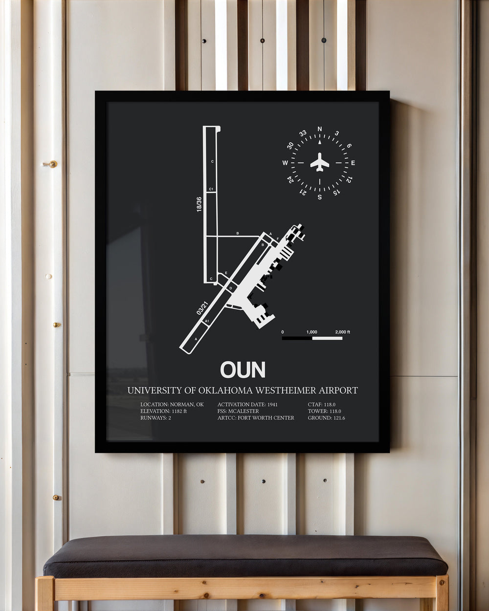 Framed Detailed Airport Map of University of Oklahoma Westheimer Airport (OUN) in Gray with a Black Frame