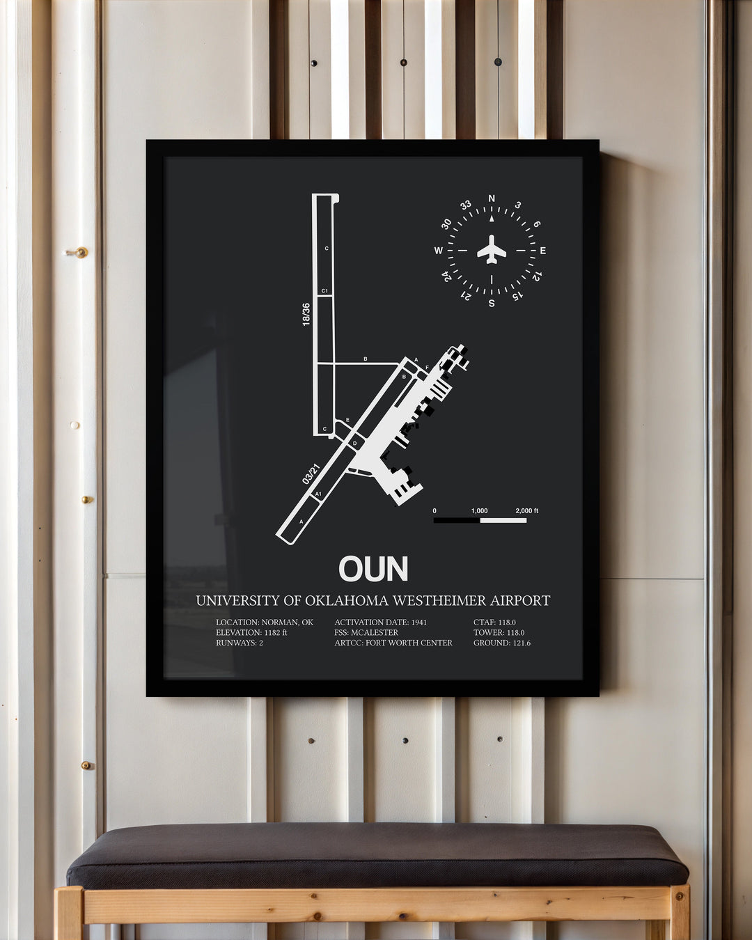 Framed Detailed Airport Map of University of Oklahoma Westheimer Airport (OUN) in Gray with a Black Frame