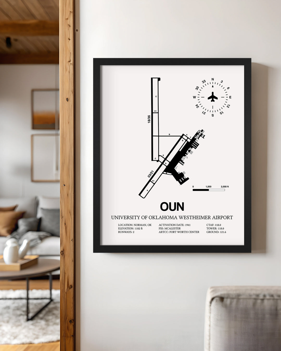 Framed Detailed Airport Map of University of Oklahoma Westheimer Airport (OUN) in White with a Black Frame