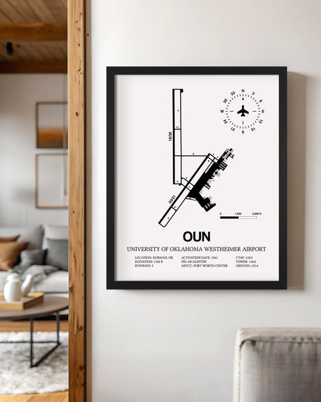 Framed Detailed Airport Map of University of Oklahoma Westheimer Airport (OUN) in White with a Black Frame