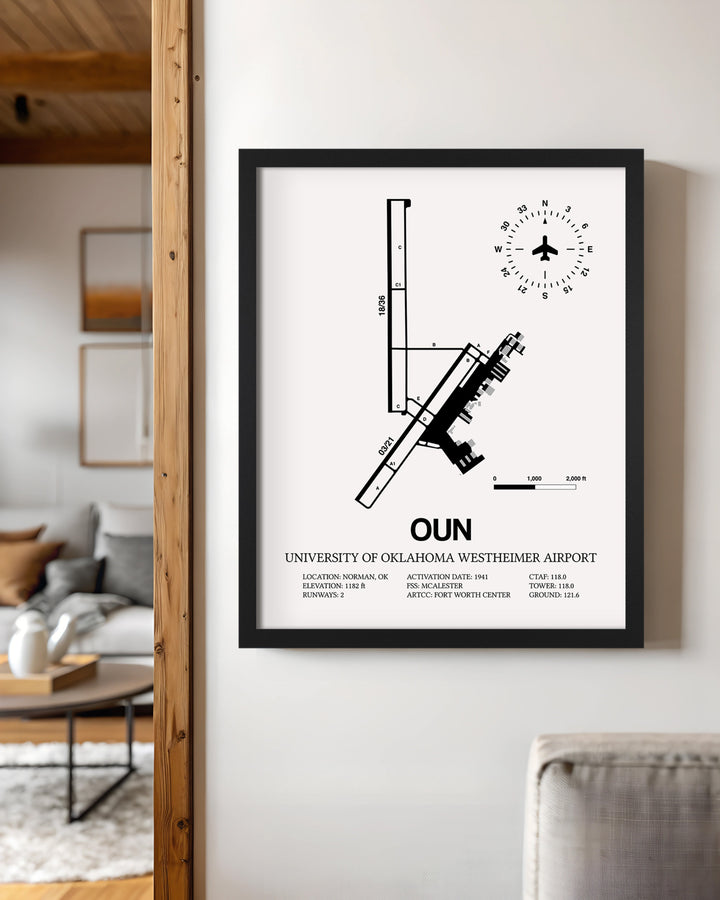 Framed Detailed Airport Map of University of Oklahoma Westheimer Airport (OUN) in White with a Black Frame