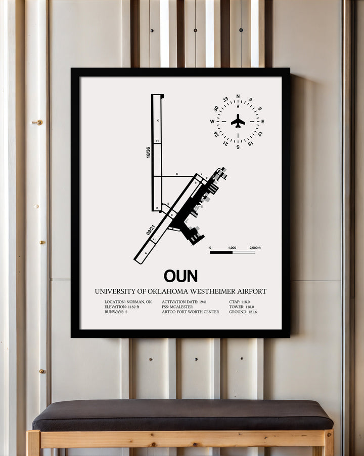 Framed Detailed Airport Map of University of Oklahoma Westheimer Airport (OUN) in White with a Black Frame