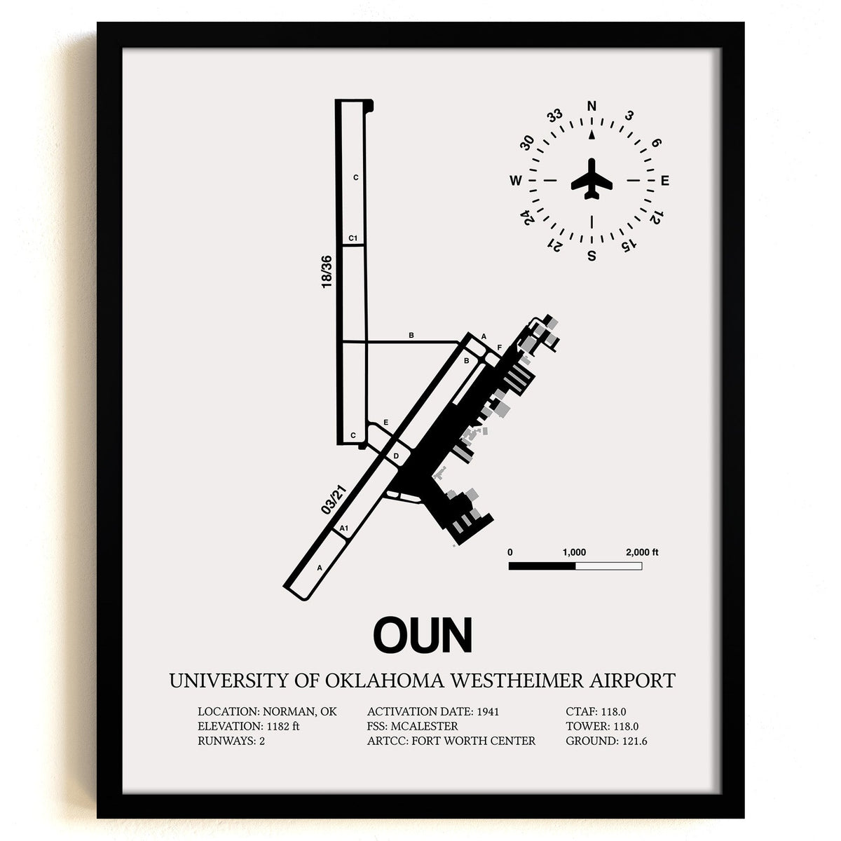 Framed Detailed Airport Map of University of Oklahoma Westheimer Airport (OUN) in White with a Black Frame