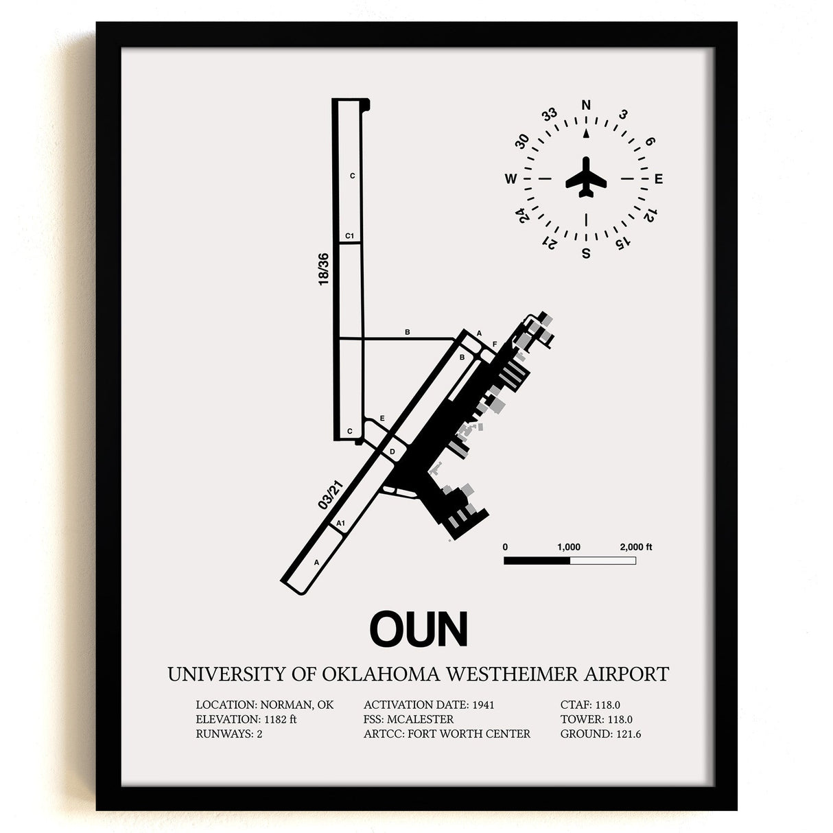 Framed Detailed Airport Map of University of Oklahoma Westheimer Airport (OUN) in White with a Black Frame