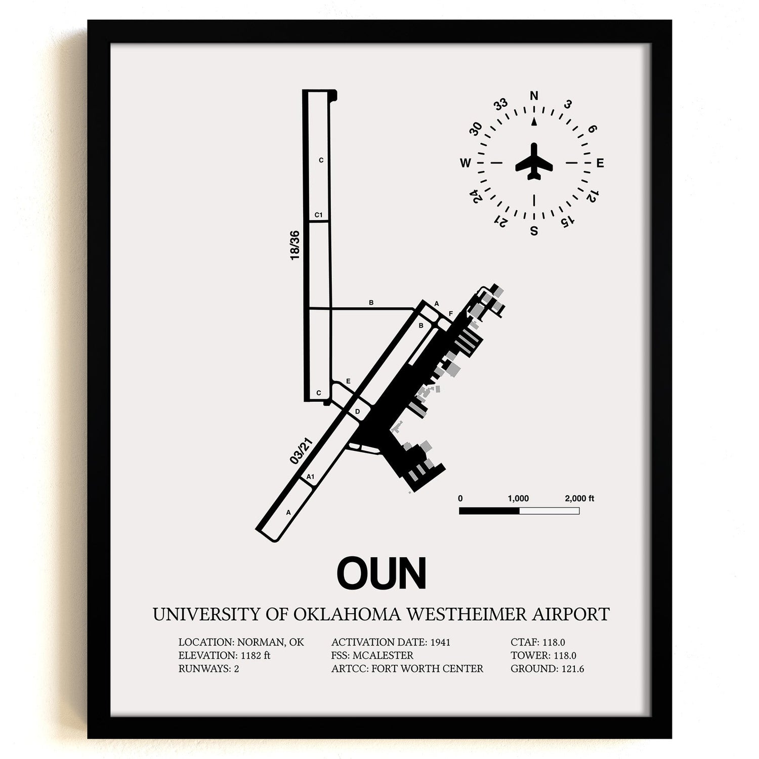 Framed Detailed Airport Map of University of Oklahoma Westheimer Airport (OUN) in White with a Black Frame