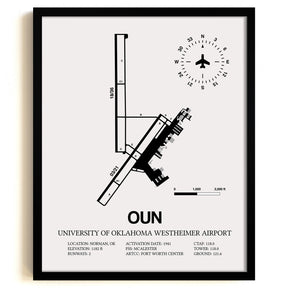 Framed Detailed Airport Map of University of Oklahoma Westheimer Airport (OUN) in White with a Black Frame