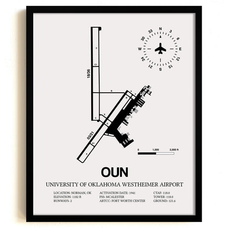 Framed Detailed Airport Map of University of Oklahoma Westheimer Airport (OUN) in White with a Black Frame