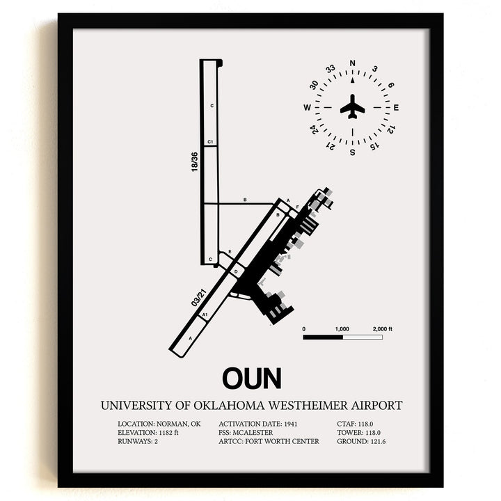 Framed Detailed Airport Map of University of Oklahoma Westheimer Airport (OUN) in White with a Black Frame