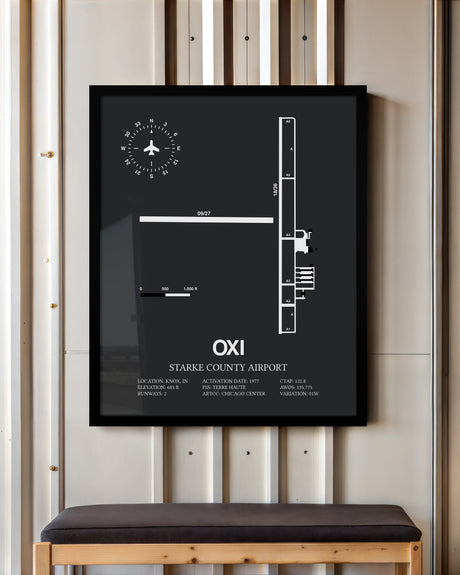 Framed Detailed Airport Map of Starke County Airport (OXI) in Gray with a Black Frame