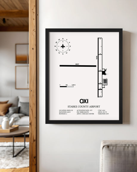 Framed Detailed Airport Map of Starke County Airport (OXI) in White with a Black Frame