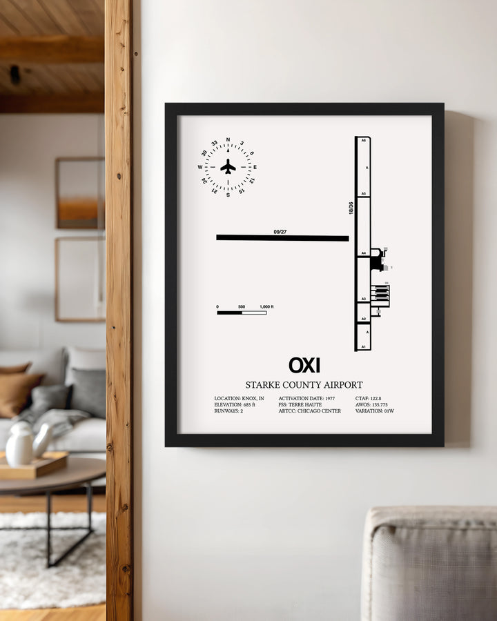Framed Detailed Airport Map of Starke County Airport (OXI) in White with a Black Frame
