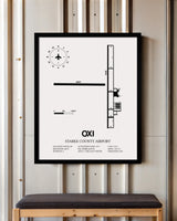 Framed Detailed Airport Map of Starke County Airport (OXI) in White with a Black Frame