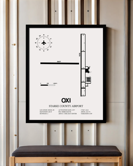 Framed Detailed Airport Map of Starke County Airport (OXI) in White with a Black Frame