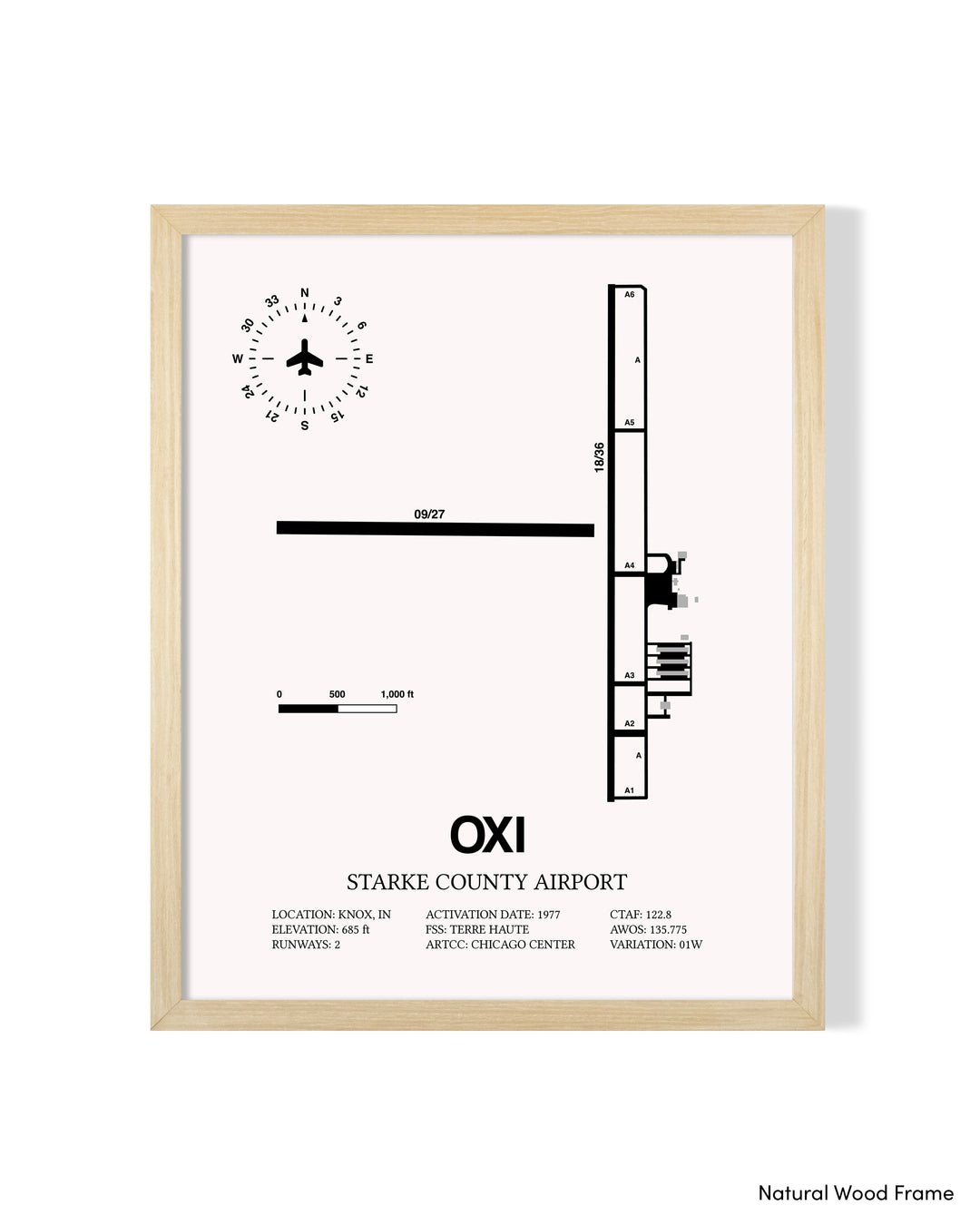Detailed Airport Map of Starke County Airport (OXI) in White with a Natural Frame
