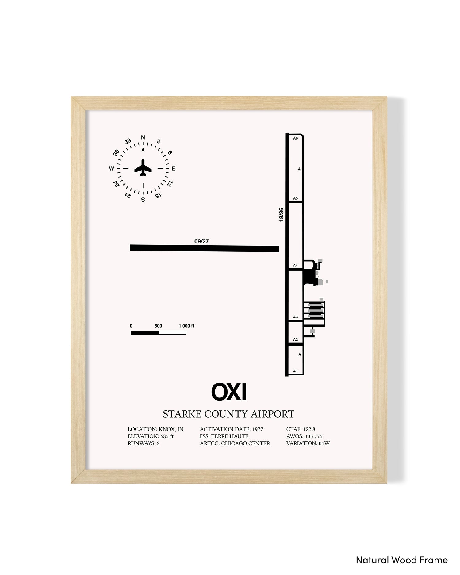 Detailed Airport Map of Starke County Airport (OXI) in White with a Natural Frame
