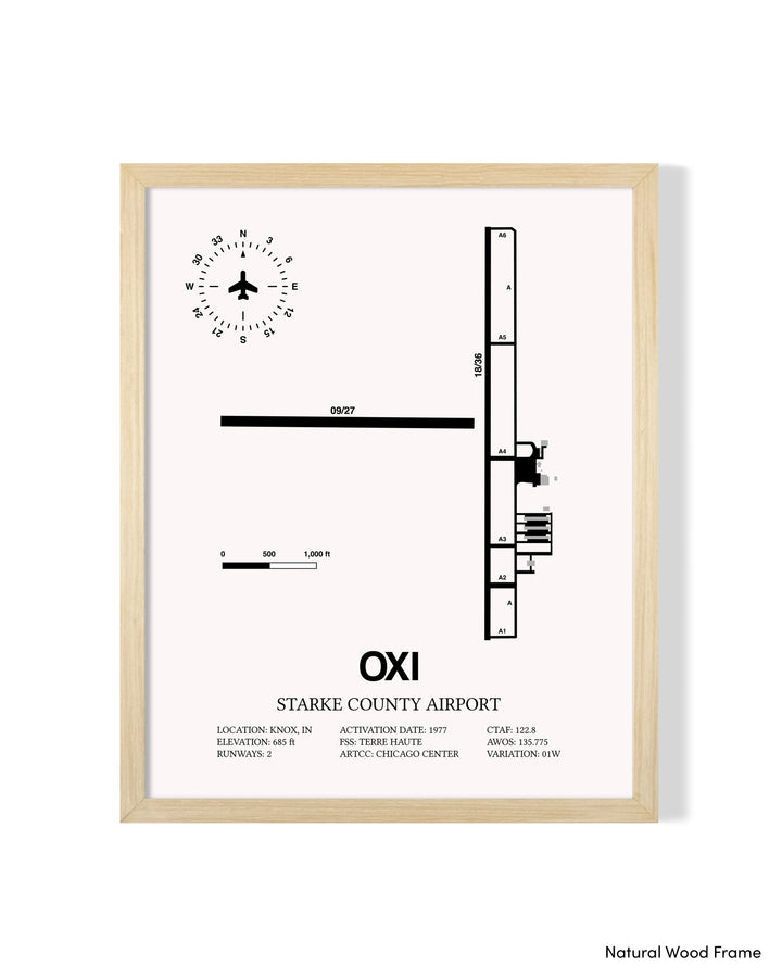 Detailed Airport Map of Starke County Airport (OXI) in White with a Natural Frame