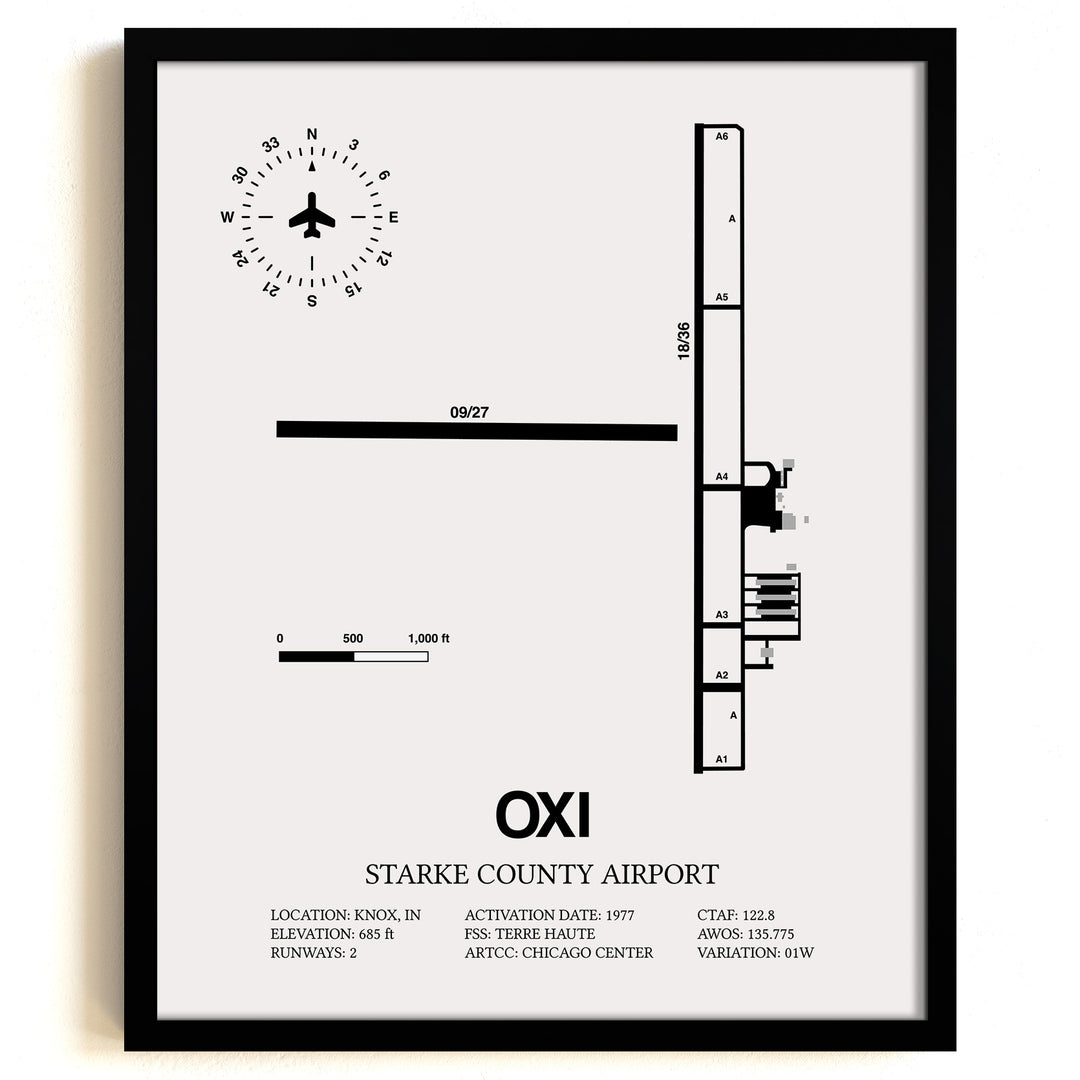 Framed Detailed Airport Map of Starke County Airport (OXI) in White with a Black Frame