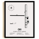 Framed Detailed Airport Map of Starke County Airport (OXI) in White with a Black Frame