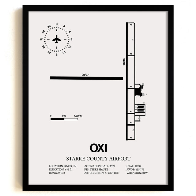 Framed Detailed Airport Map of Starke County Airport (OXI) in White with a Black Frame