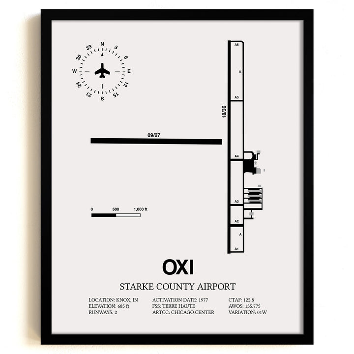 Framed Detailed Airport Map of Starke County Airport (OXI) in White with a Black Frame