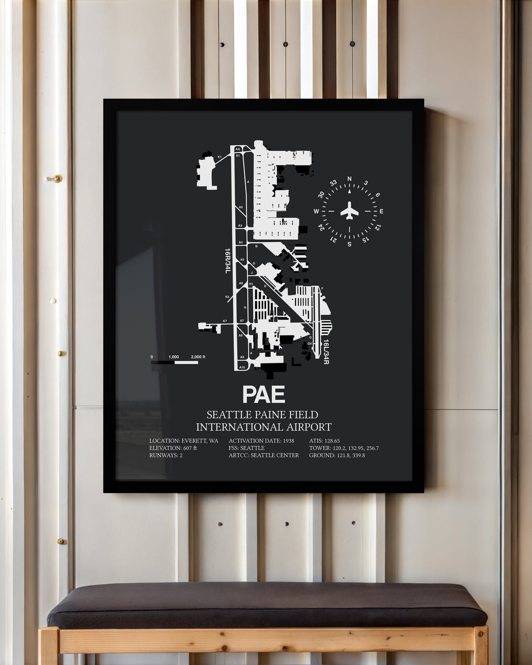 Framed Detailed Airport Map of Seattle Paine Field International Airport (PAE) in Gray with a Black Frame