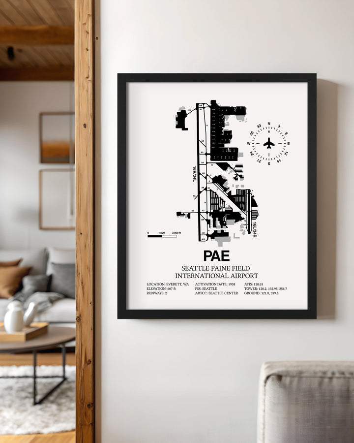 Framed Detailed Airport Map of Seattle Paine Field International Airport (PAE) in White with a Black Frame