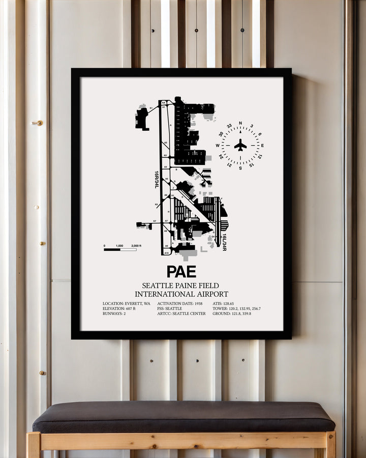 Framed Detailed Airport Map of Seattle Paine Field International Airport (PAE) in White with a Black Frame