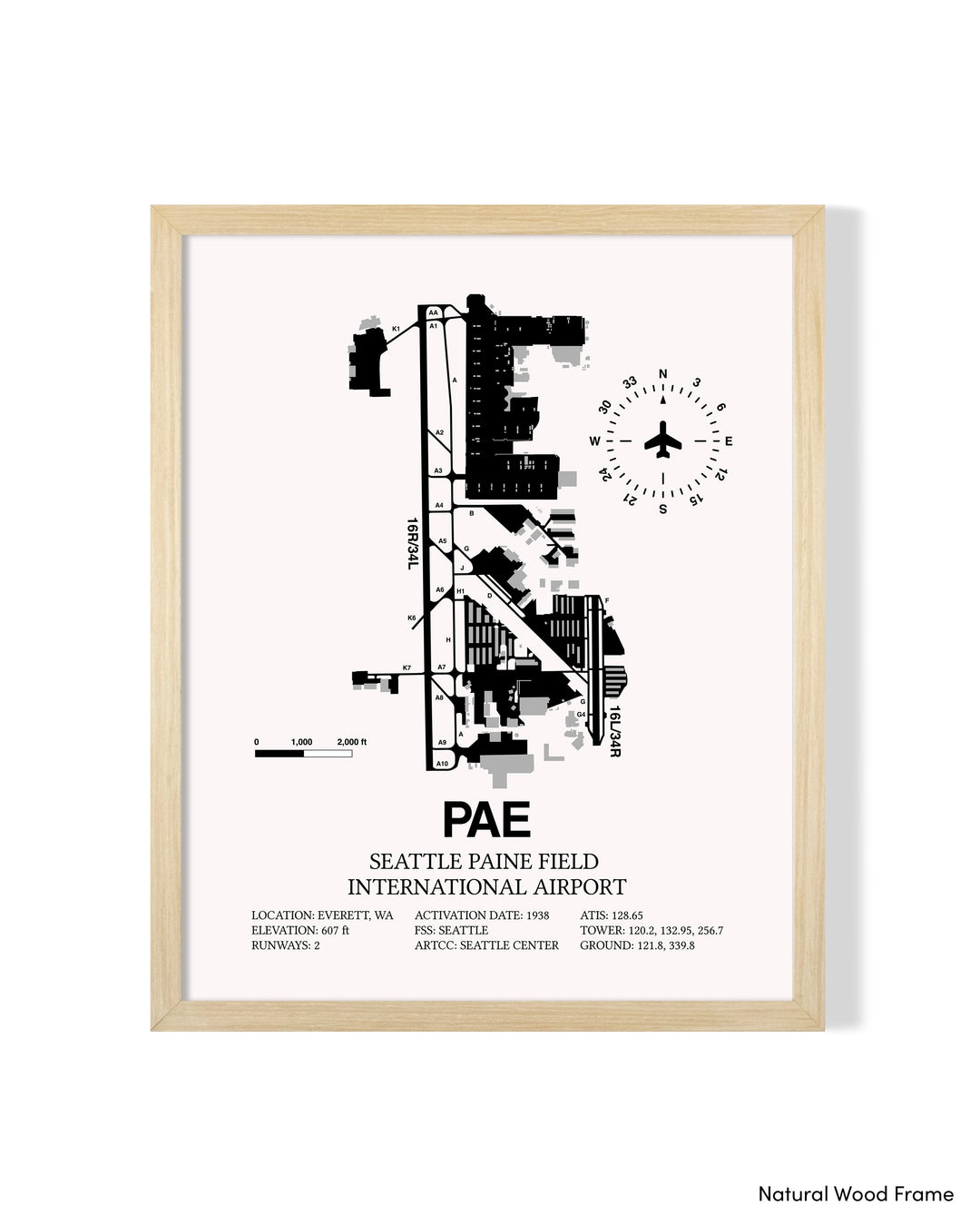 Detailed Airport Map of Seattle Paine Field International Airport (PAE) in White with a Natural Frame