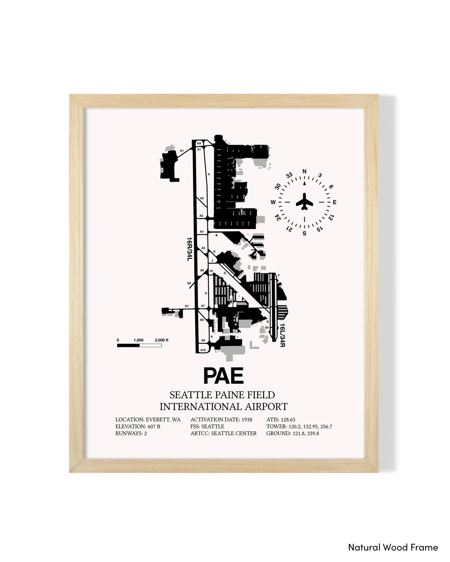 Detailed Airport Map of Seattle Paine Field International Airport (PAE) in White with a Natural Frame