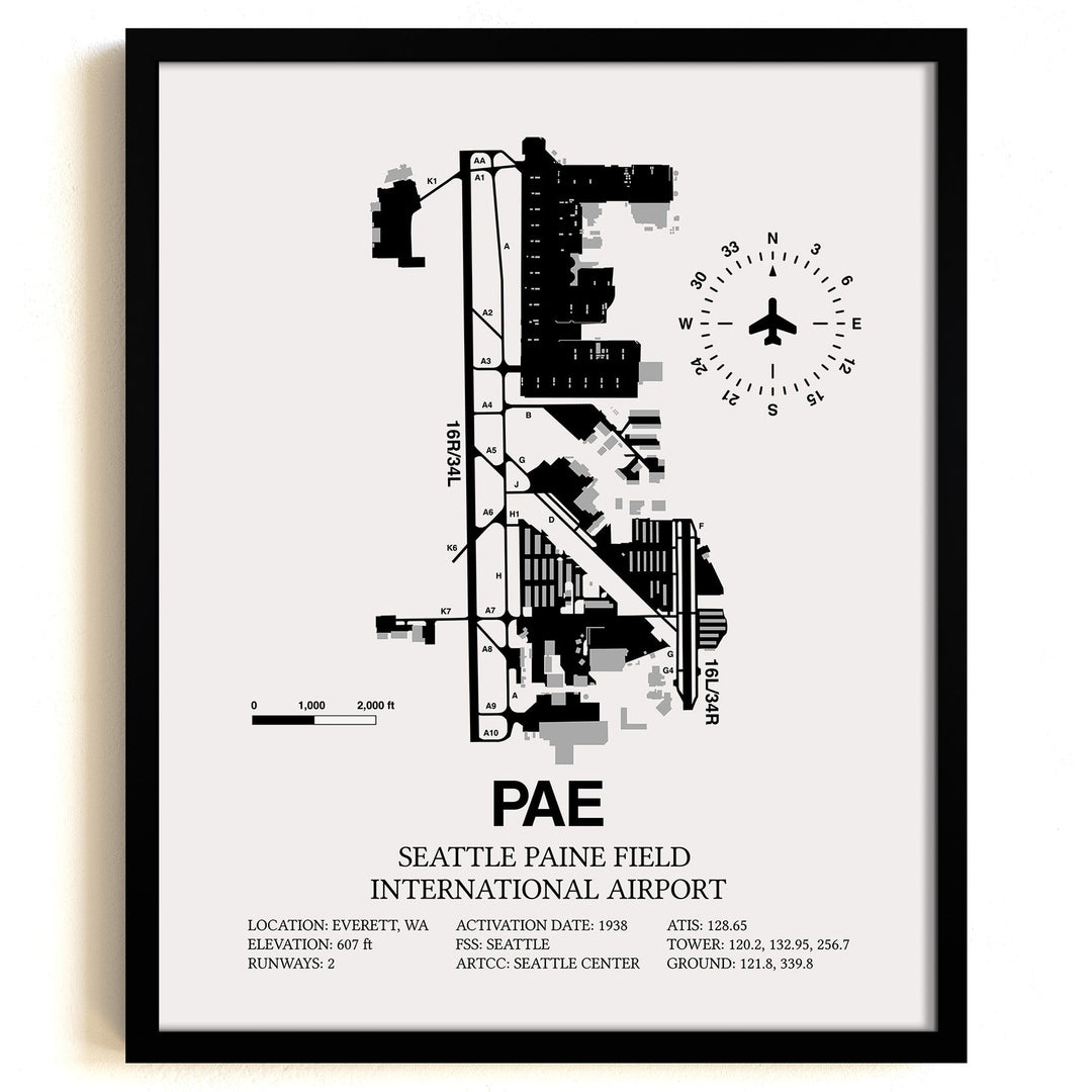 Framed Detailed Airport Map of Seattle Paine Field International Airport (PAE) in White with a Black Frame