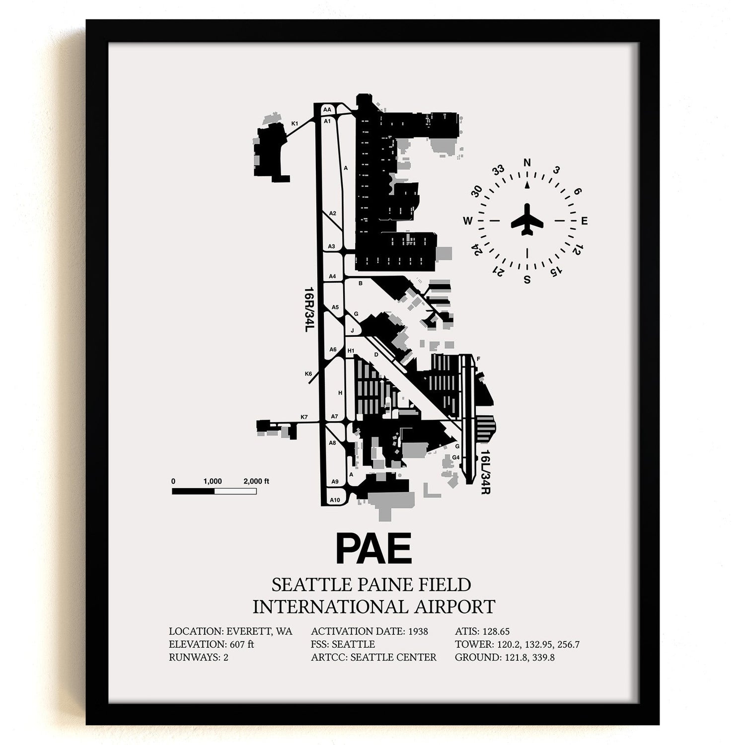 Framed Detailed Airport Map of Seattle Paine Field International Airport (PAE) in White with a Black Frame