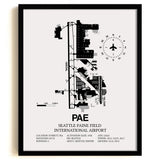 Framed Detailed Airport Map of Seattle Paine Field International Airport (PAE) in White with a Black Frame