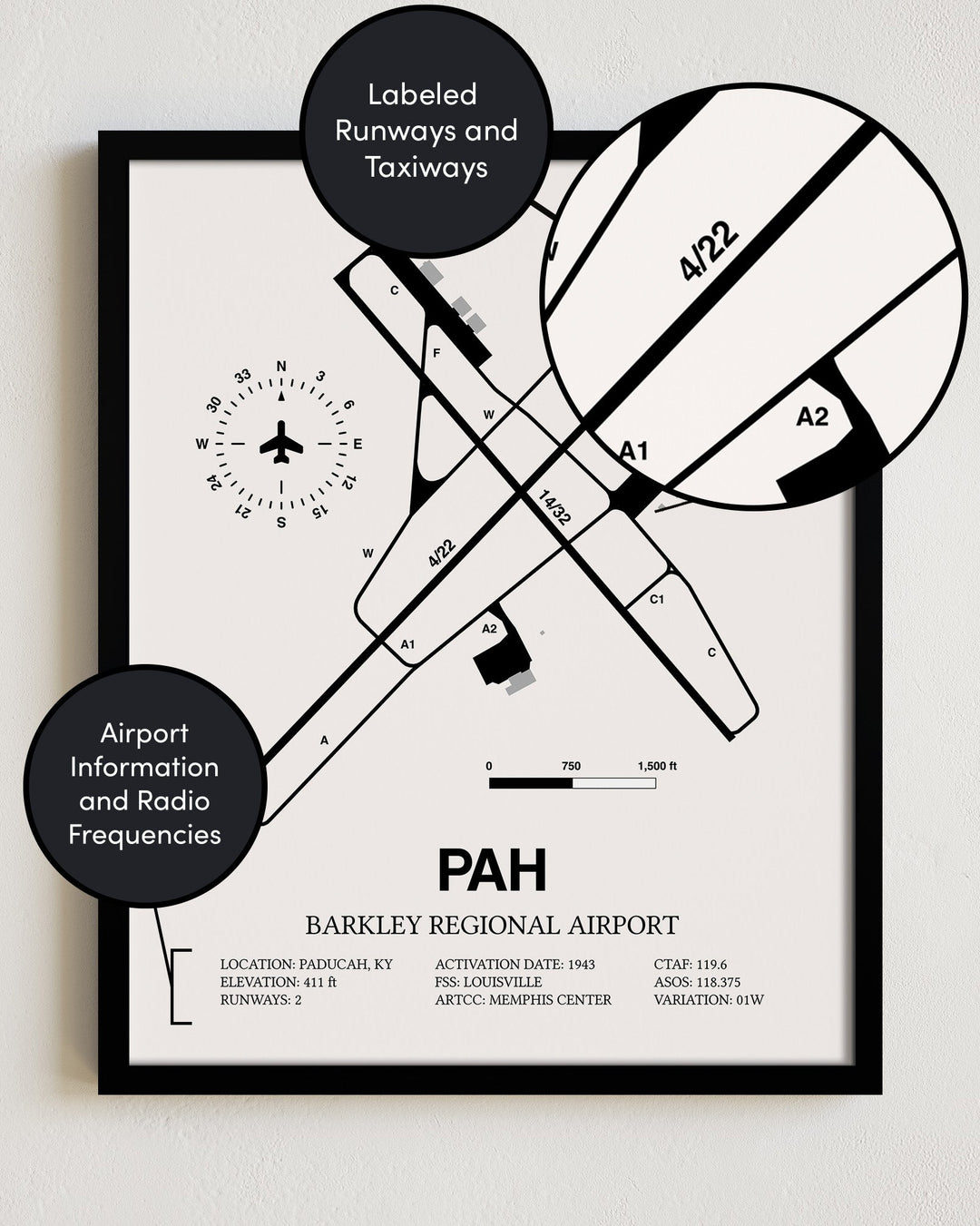 Framed Detailed Airport Map of Barkley Regional Airport (PAH) in White with a Black Frame