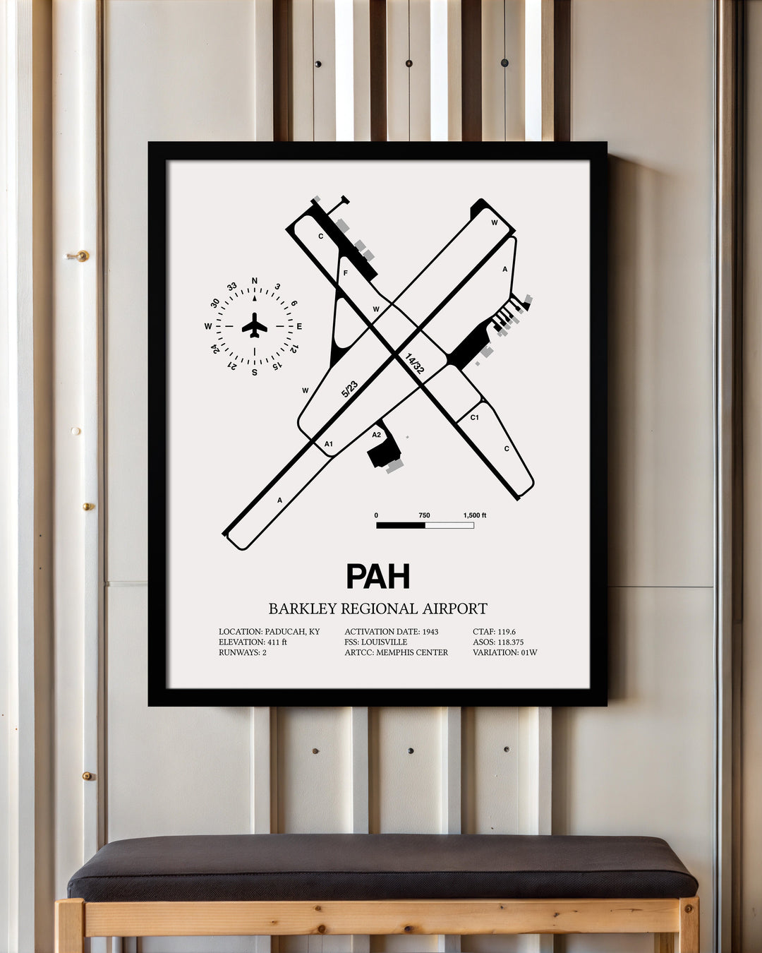 Framed Detailed Airport Map of Barkley Regional Airport (PAH) in White with a Black Frame