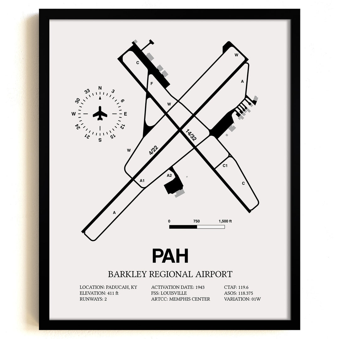 Framed Detailed Airport Map of Barkley Regional Airport (PAH) in White with a Black Frame
