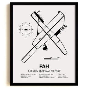 Framed Detailed Airport Map of Barkley Regional Airport (PAH) in White with a Black Frame