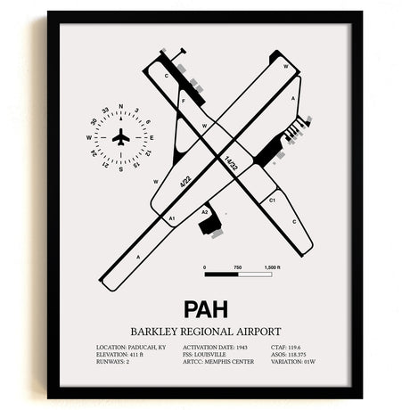Framed Detailed Airport Map of Barkley Regional Airport (PAH) in White with a Black Frame