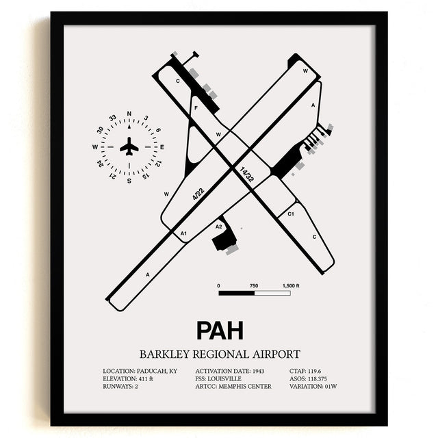 Framed Detailed Airport Map of Barkley Regional Airport (PAH) in White with a Black Frame