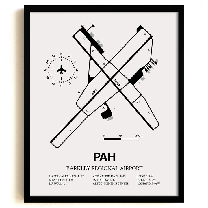 Framed Detailed Airport Map of Barkley Regional Airport (PAH) in White with a Black Frame