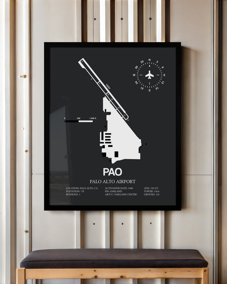 Framed Detailed Airport Map of Palo Alto Airport (PAO) in Gray with a Black Frame