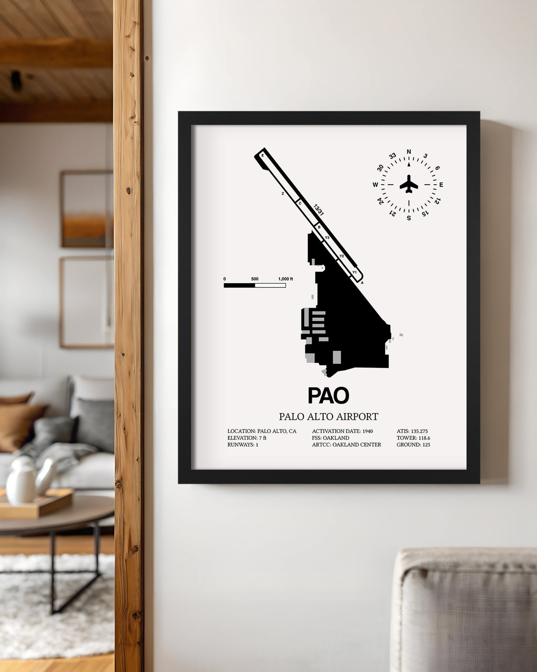 Framed Detailed Airport Map of Palo Alto Airport (PAO) in White with a Black Frame