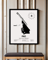 Framed Detailed Airport Map of Palo Alto Airport (PAO) in White with a Black Frame
