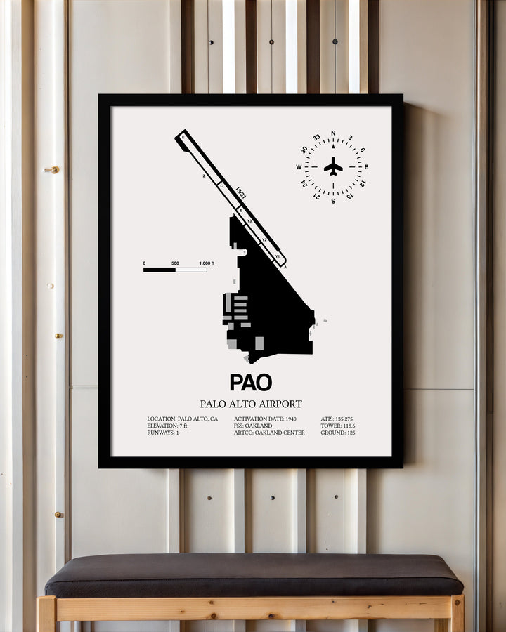 Framed Detailed Airport Map of Palo Alto Airport (PAO) in White with a Black Frame