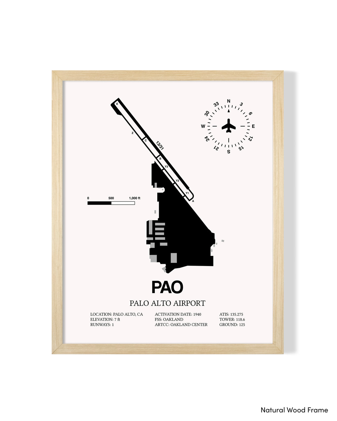 Detailed Airport Map of Palo Alto Airport (PAO) in White with a Natural Frame