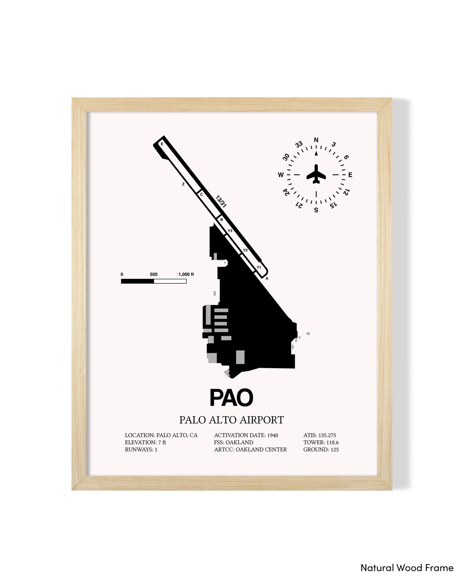 Detailed Airport Map of Palo Alto Airport (PAO) in White with a Natural Frame