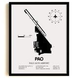 Framed Detailed Airport Map of Palo Alto Airport (PAO) in White with a Black Frame