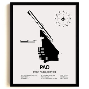 Framed Detailed Airport Map of Palo Alto Airport (PAO) in White with a Black Frame