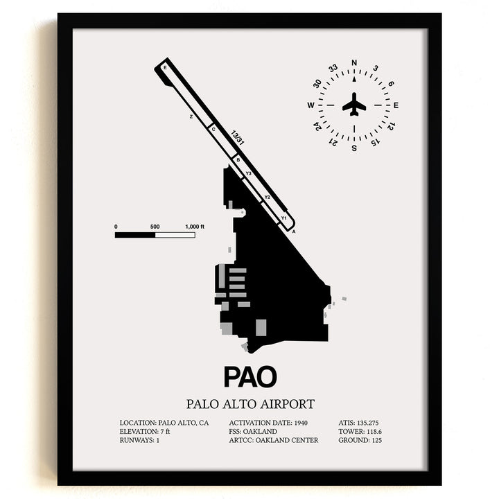 Framed Detailed Airport Map of Palo Alto Airport (PAO) in White with a Black Frame