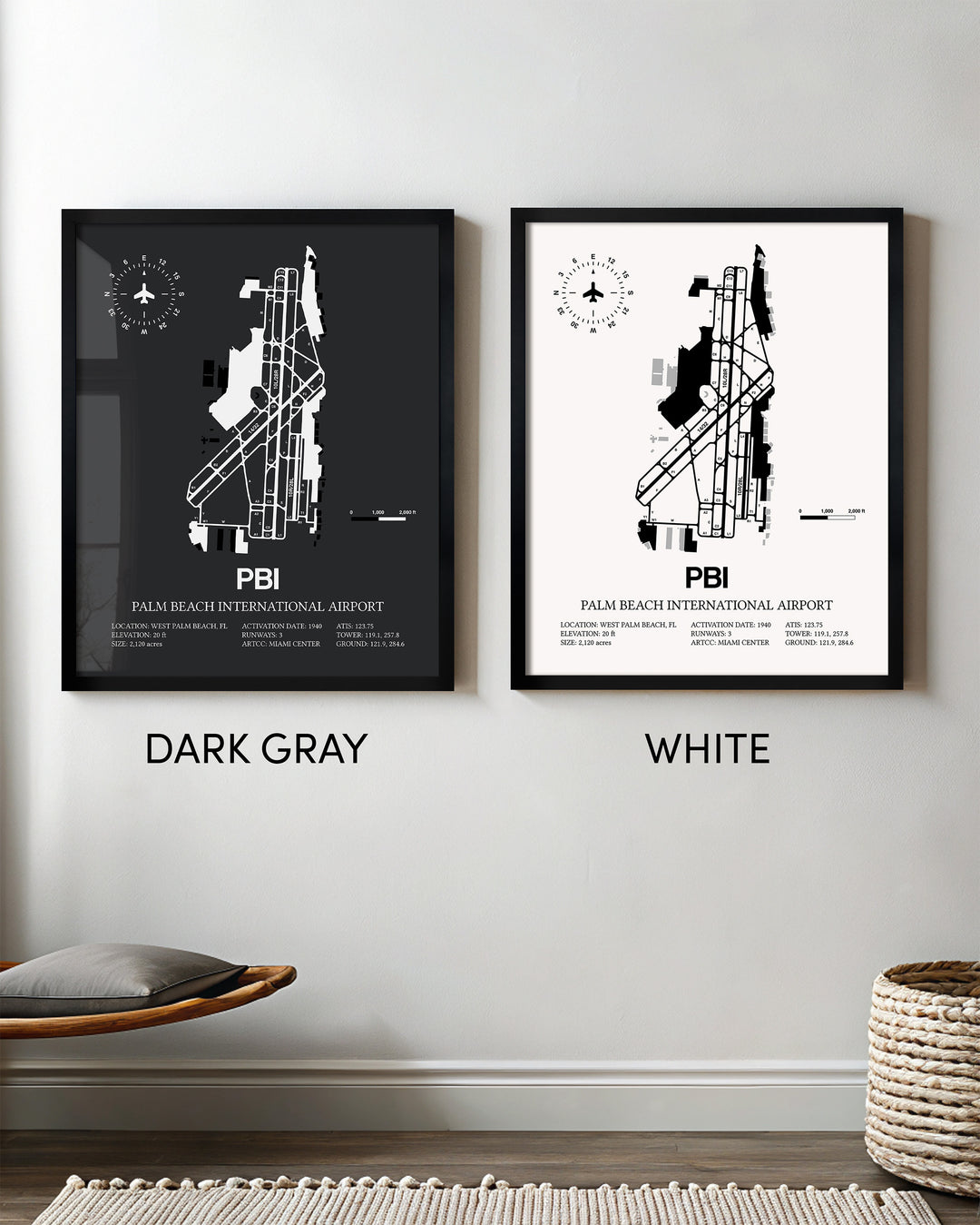 Framed Detailed Airport Map of Palm Beach International Airport (PBI) in White and Gray